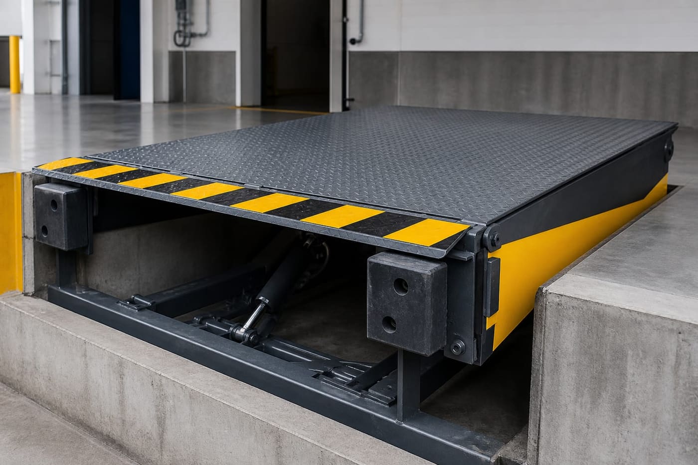 Menteşeli hidrolik yükleme rampası — fabrika platformunda forklift ile kamyon yükleme